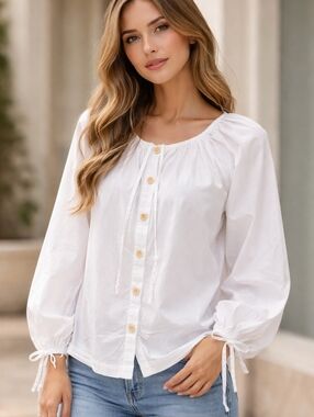 J. CREW Tie-sleeve button-front cotton poplin top